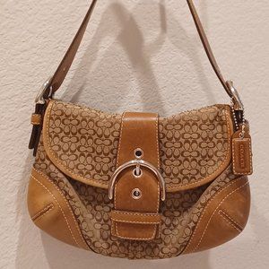 COACH Brown Signature Jacquard & Leather SOHO HOBO BUCKLE F06818 Purse Shoulder